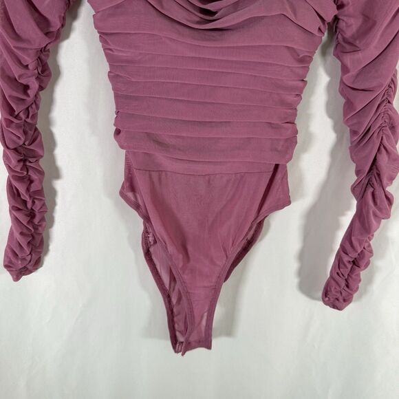Princess Polly Bodysuit Women's 4 Pink Mesh Ruched Square Neck Long Sleeve - Picture 3 of 12